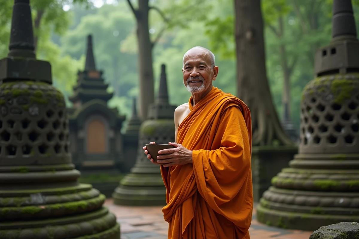 Abbé bouddhiste thaïlandais tenant un bol d'aumônes dans la cour d'un monastère forestier traditionnel du nord de la Thaïlande