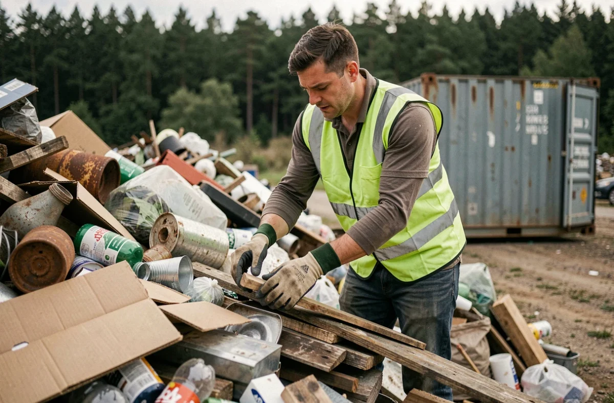 Agent d'Action Environnement triant des matériaux recyclables lors d'un débarras
