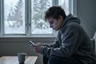 Adolescent accro aux écrans en hiver affiché des signes de fatigue visuelle sur son smartphone
