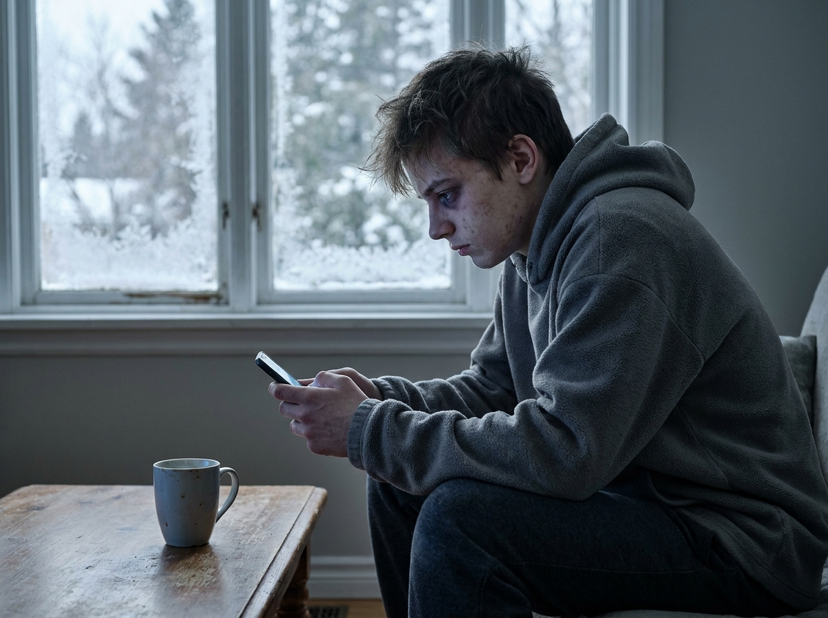 Adolescent accro aux écrans en hiver affiché des signes de fatigue visuelle sur son smartphone