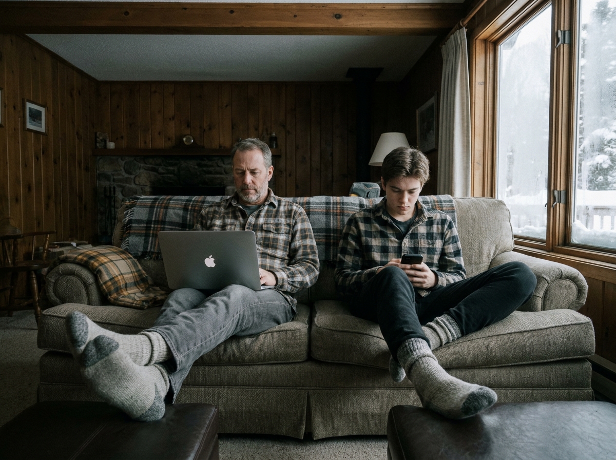Père et fils isolés chacun sur leur écran dans un salon en hiver illustrant l'addiction numérique familiale