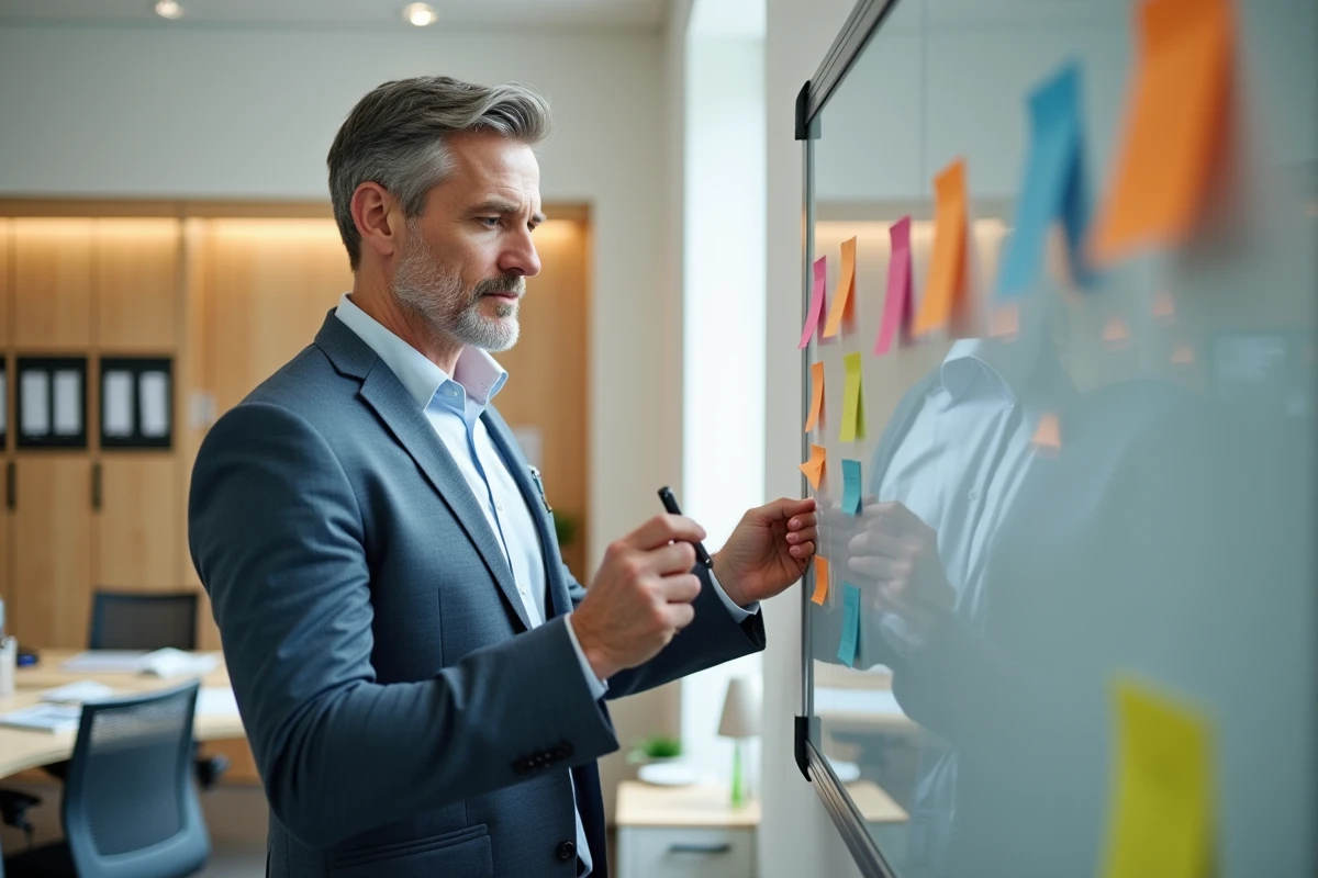Administrateur organisant des notes colorées dans un bureau lumineux