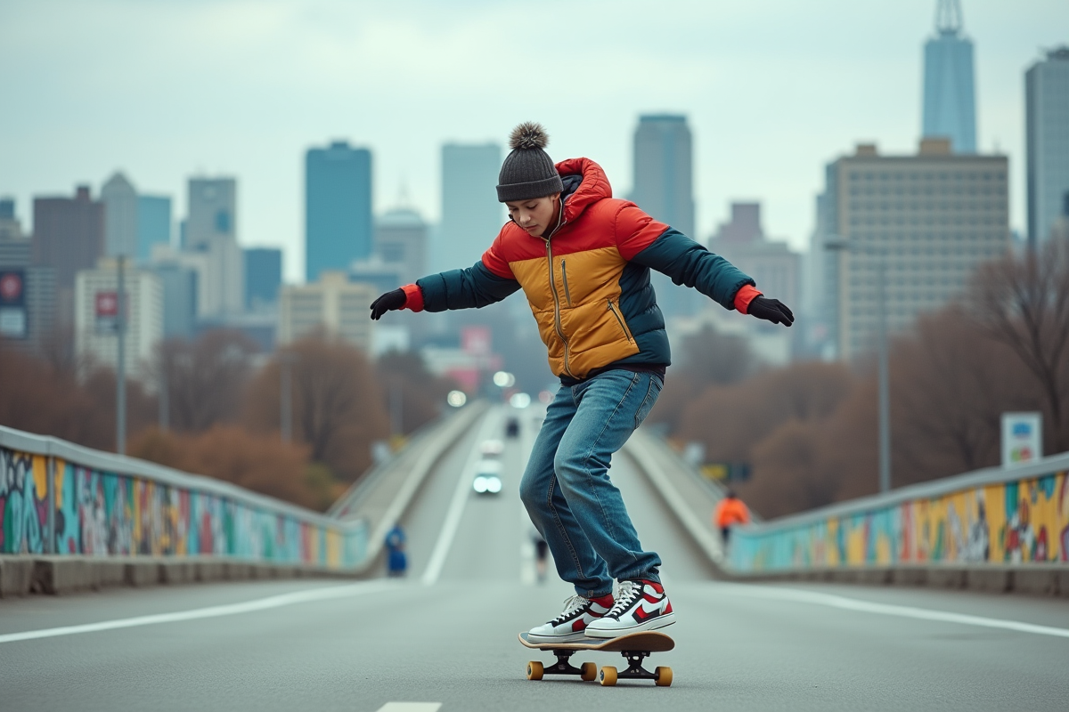 Adolescent en skate dans un environnement urbain animé