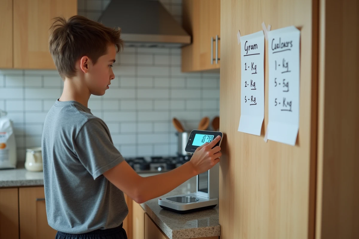 Adolescent en cuisine utilisant une balance numérique et un mémo de conversion gramme kilogramme affiché sur un placard