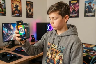 Adolescent en train de scanner un QR code Brawl Stars sur smartphone dans une chambre de gamer
