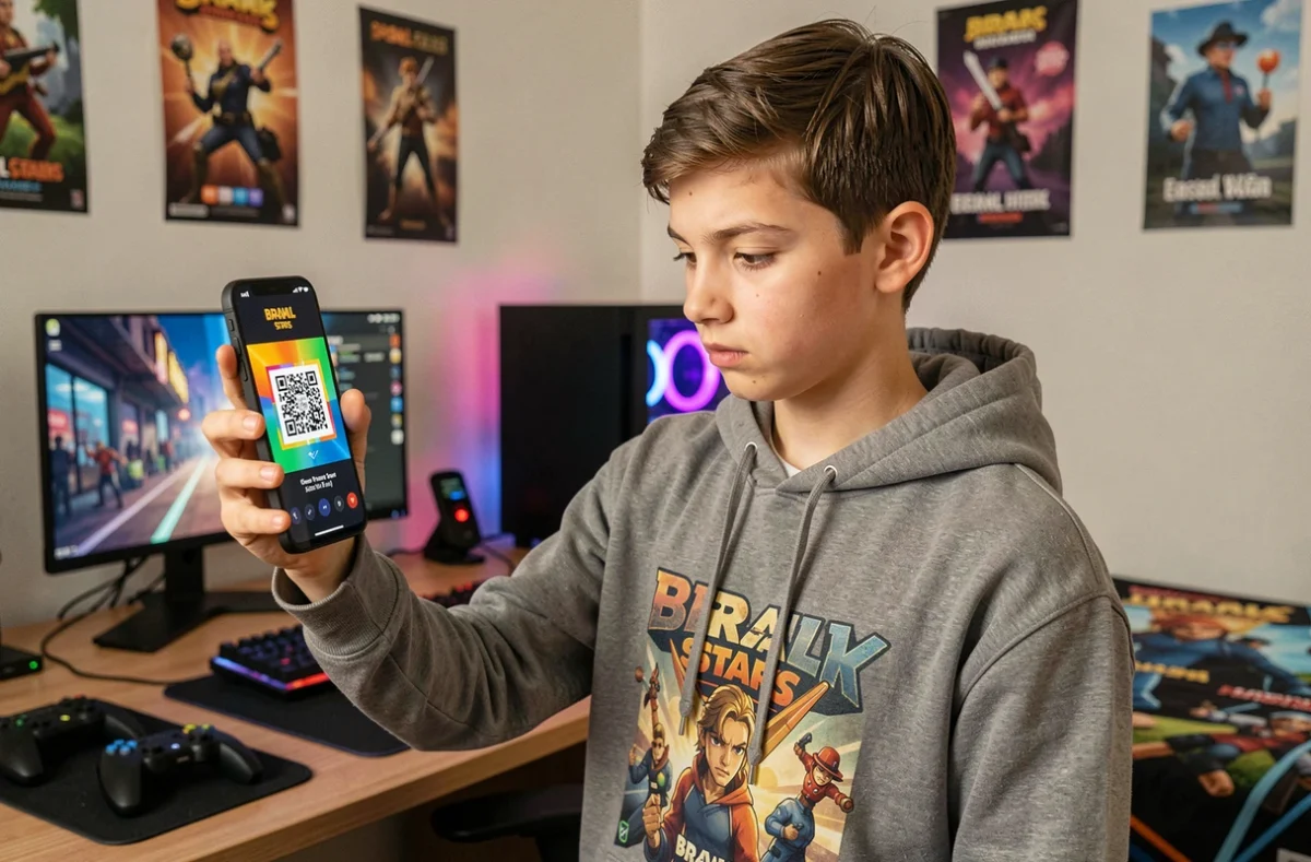 Adolescent en train de scanner un QR code Brawl Stars sur smartphone dans une chambre de gamer