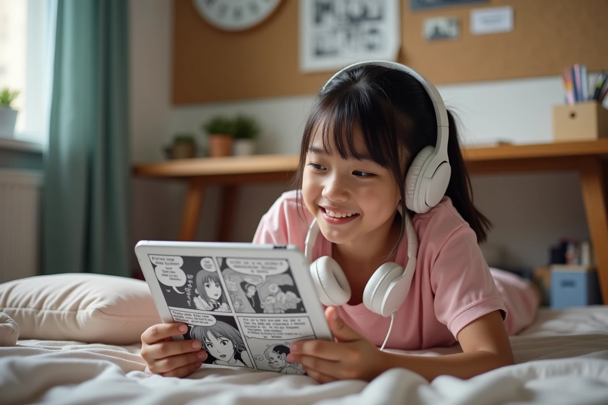 Adolescente lisant des scans manga VF sur tablette dans sa chambre