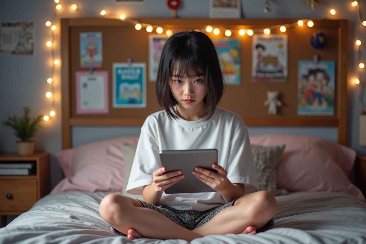 Adolescente évaluant un site de lecture de scan manga sur une tablette dans sa chambre décorée d'affiches anime