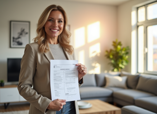 Agent immobilier tenant un certificat DPE dans un salon lumineux