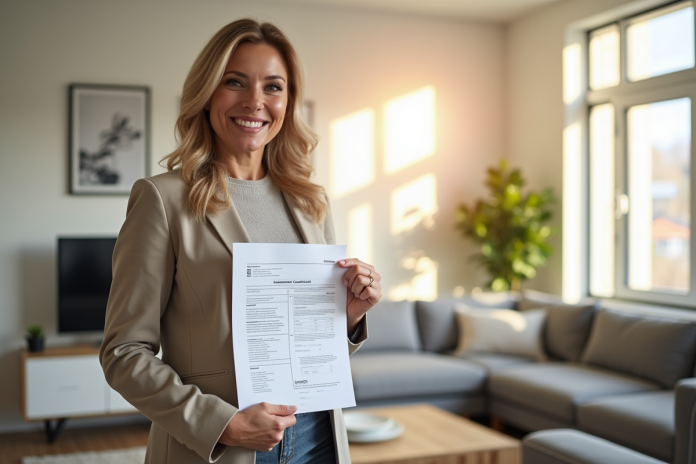 Agent immobilier tenant un certificat DPE dans un salon lumineux