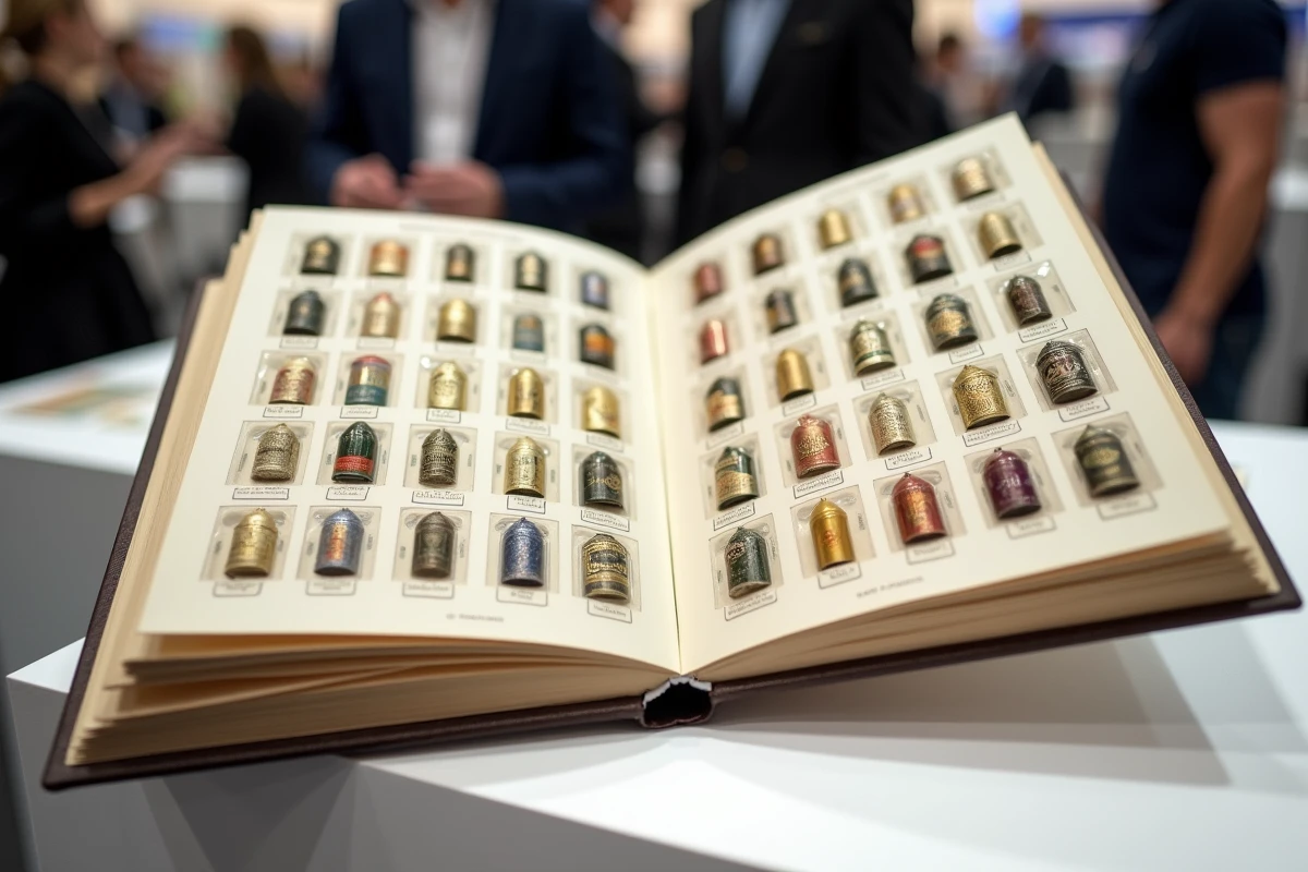Album de collection de capsules de champagne ouvert sur une table d'exposition montrant des pièces classées par maison et par décennie