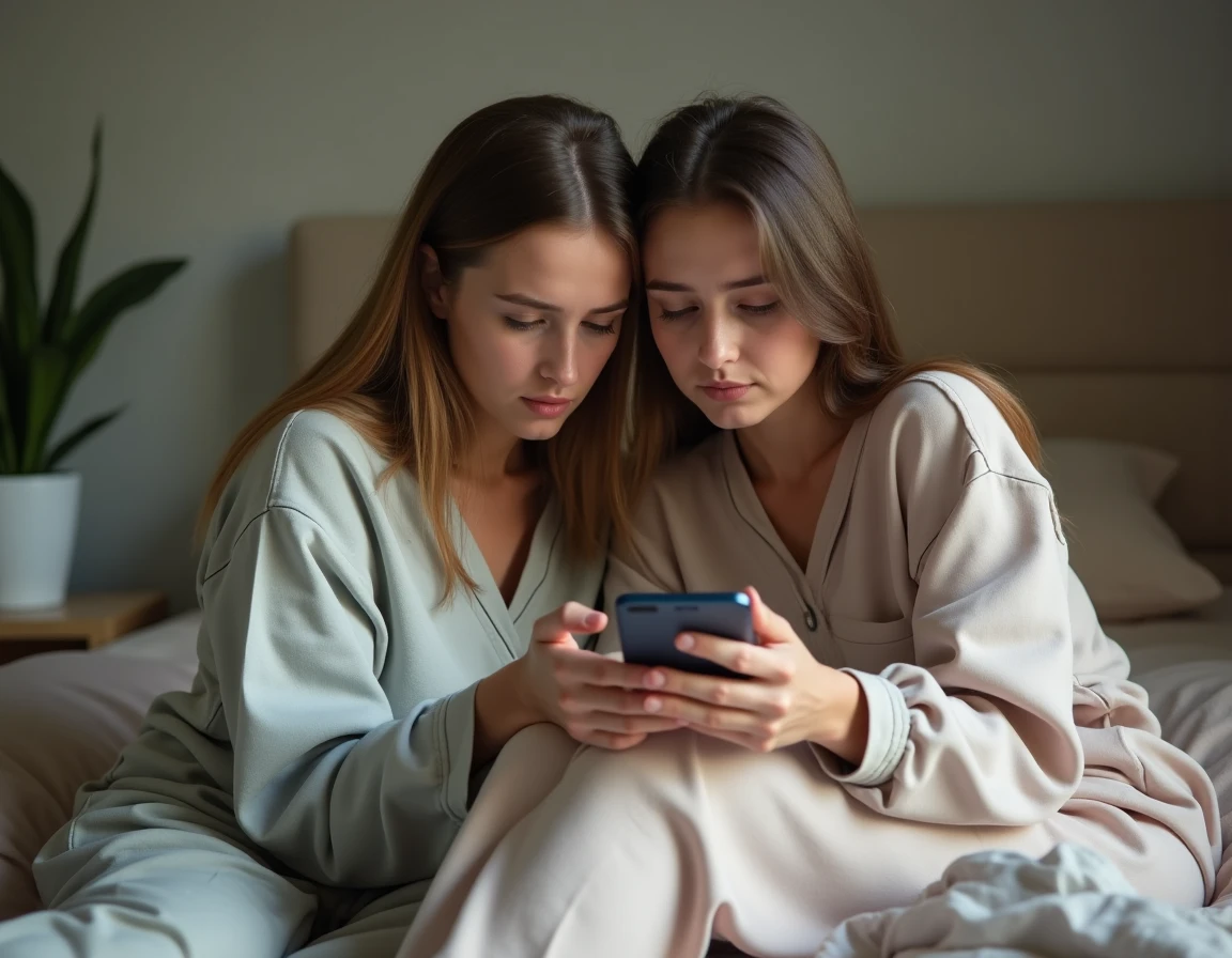 Deux amies réconfortantes examinant un profil sur les réseaux sociaux, exprimant tristesse et soutien après une rupture amoureuse