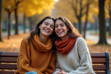 Deux amies riant ensemble sur un banc de parc en automne, illustrant une amitié forte et sincère
