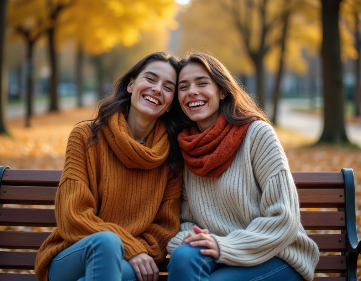 Deux amies riant ensemble sur un banc de parc en automne, illustrant une amitié forte et sincère