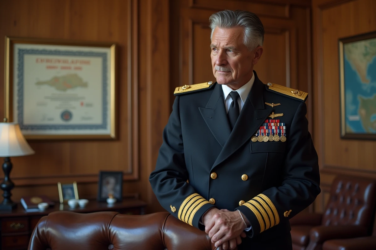 Amiral français en uniforme avec décorations dans un bureau naval