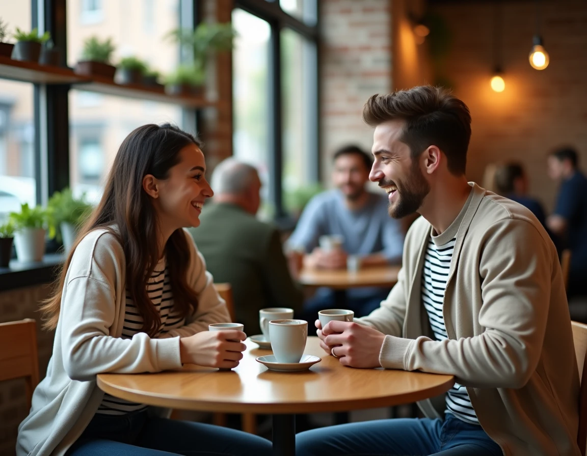 Un homme et une femme en grande discussion complice dans un café chaleureux, représentant une amitié profonde et authentique
