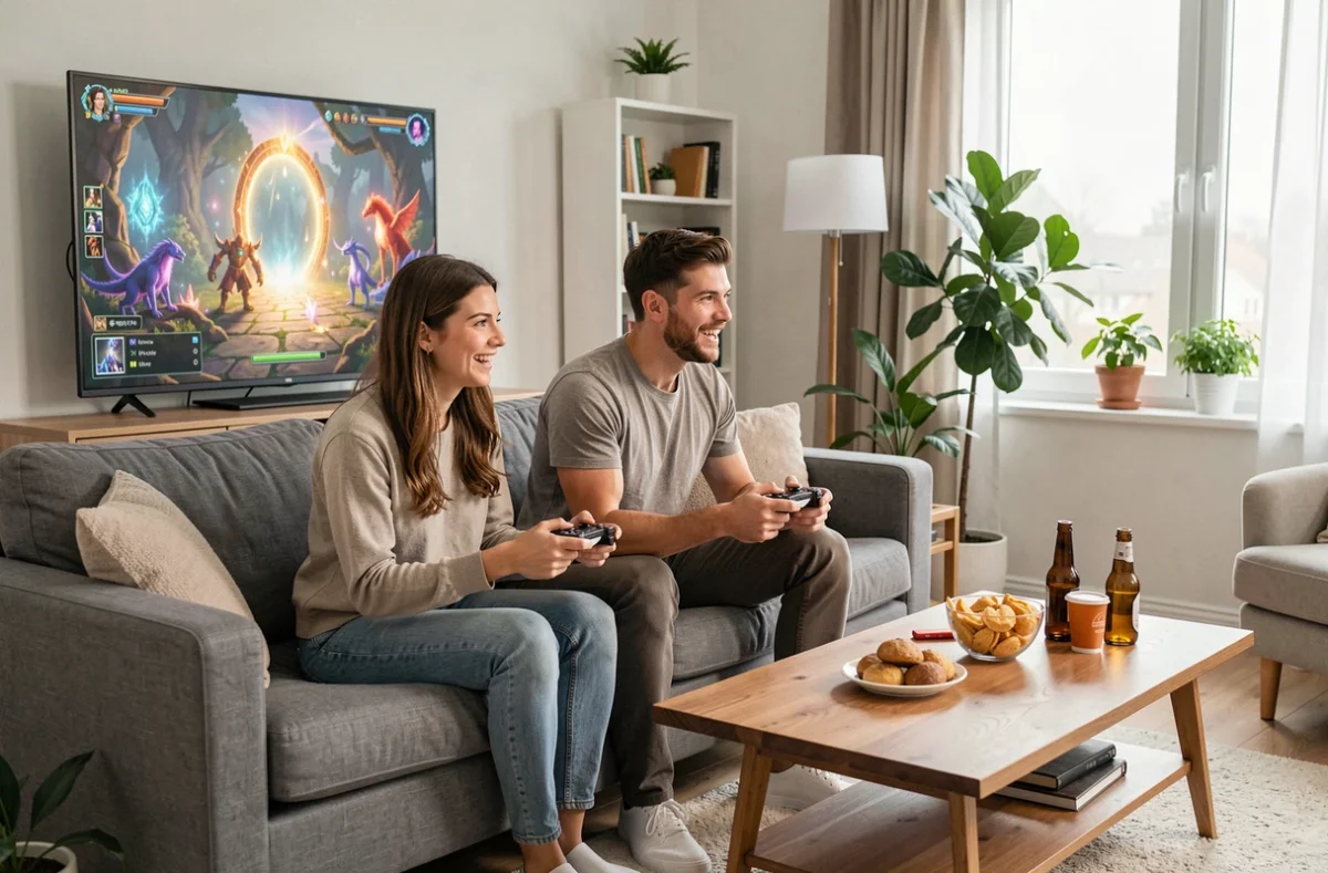 Deux amis jouant ensemble à Dofus sur canapé, explorant des dimensions fantastiques dans une ambiance conviviale