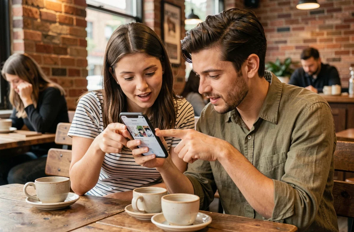 Deux amis regardant ensemble les derniers chapitres disponibles sur Epsilone Scan depuis un smartphone dans un café