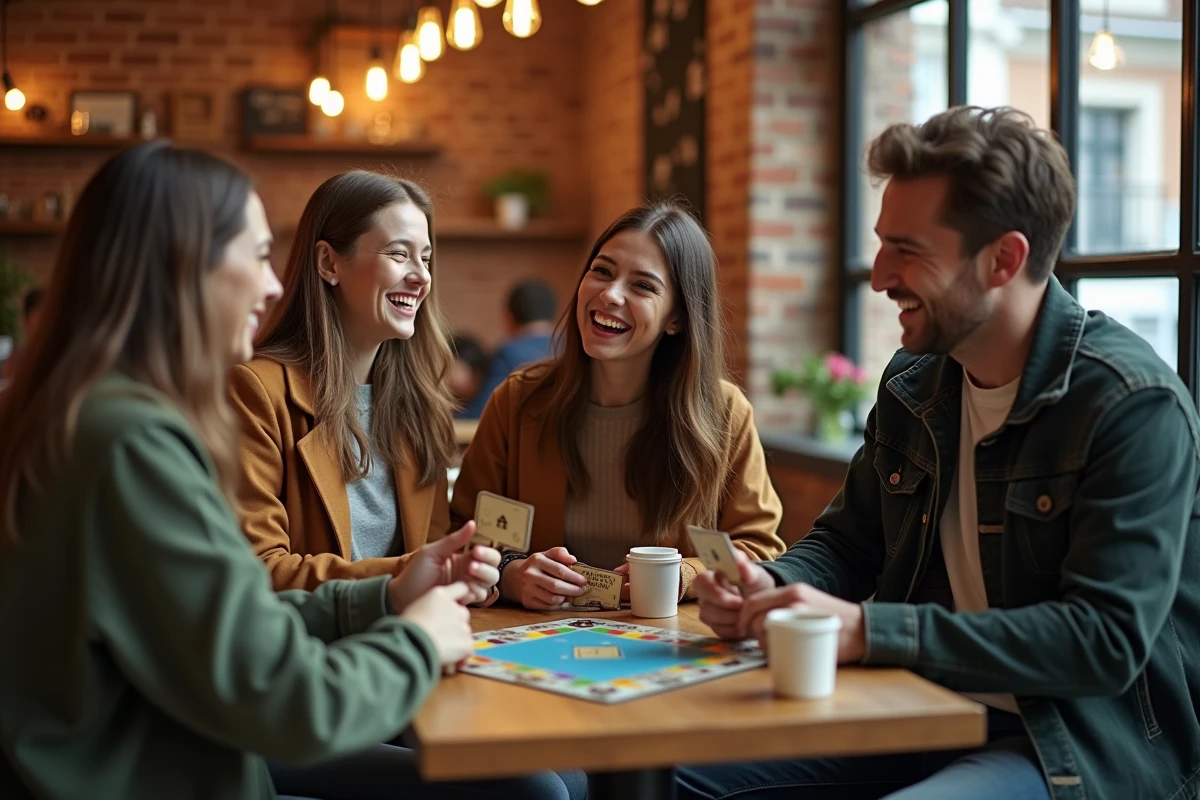 Groupe d'amis jouant à une version voyage du Monopoly dans un café urbain animé