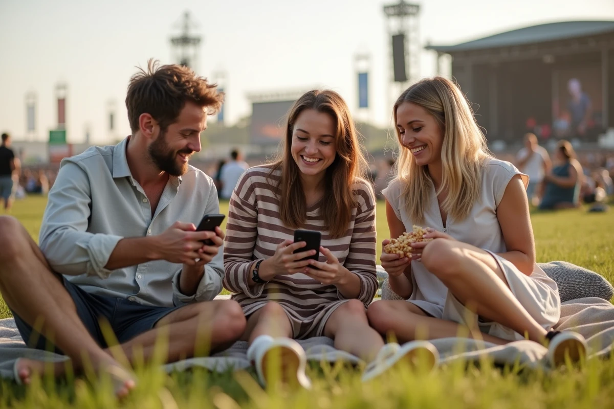 Groupe d'amis consultant le programme des concerts des Vieilles Charrues 2026 sur smartphone lors du festival