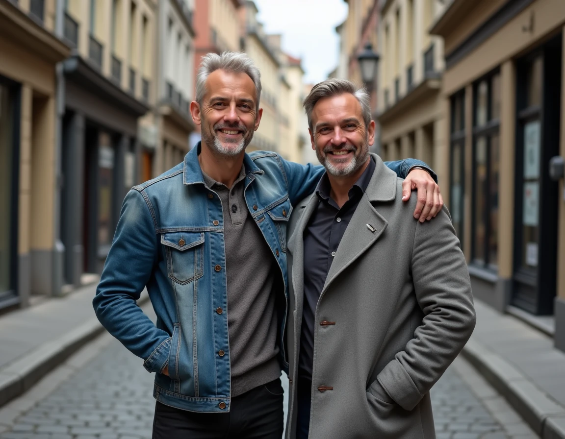 Deux amis masculins bras dessus bras dessous dans une rue pavée urbaine, symbole d'une amitié sincère et durable
