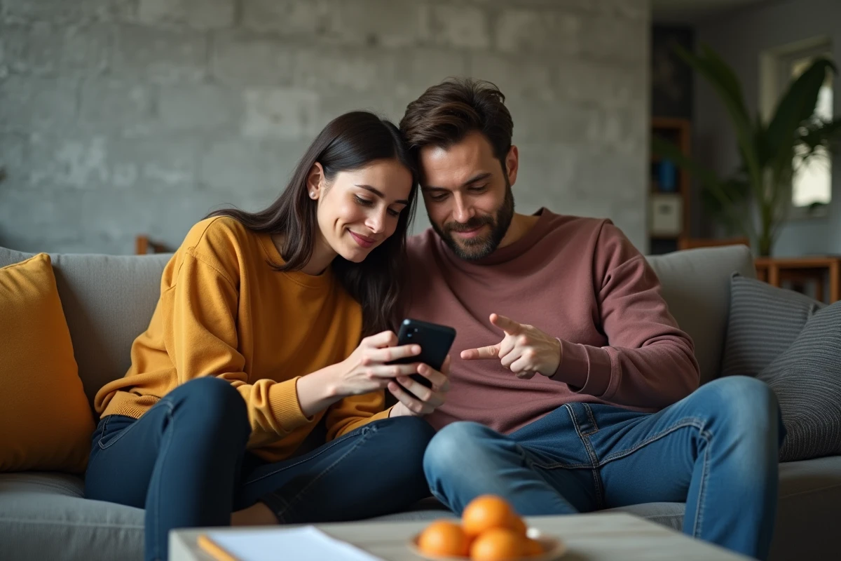 Deux amis cherchant ensemble une solution pour Rooms and Exits sur un smartphone dans un salon