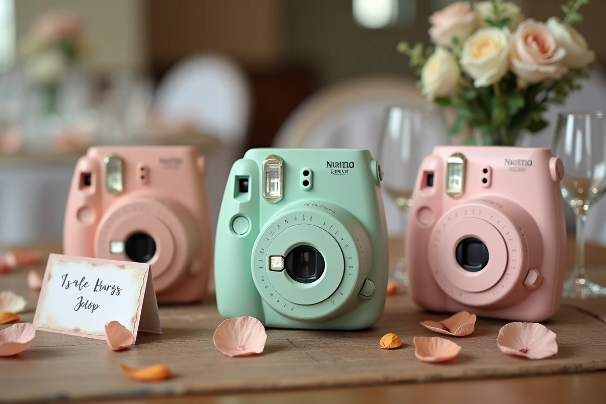 Appareils photo jetables réutilisables posés sur une table de mariage décorée de fleurs séchées