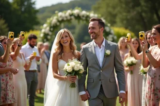Invités de mariage tenant des appareils photo jetables réutilisables lors d'une cérémonie en plein air