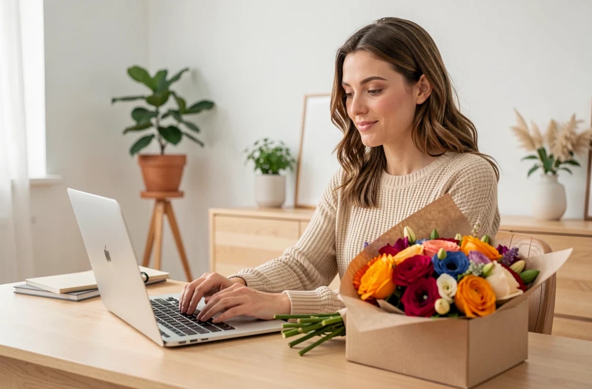 Femme commandant des fleurs en ligne chez Aquarelle avec une boîte de livraison de fleurs dans le 92