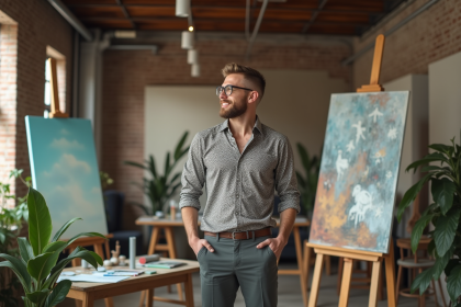 Jeune artiste élégant dans un atelier urbain lumineux