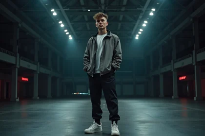 Jeune artiste urbain en tenue moderne sur scène concert