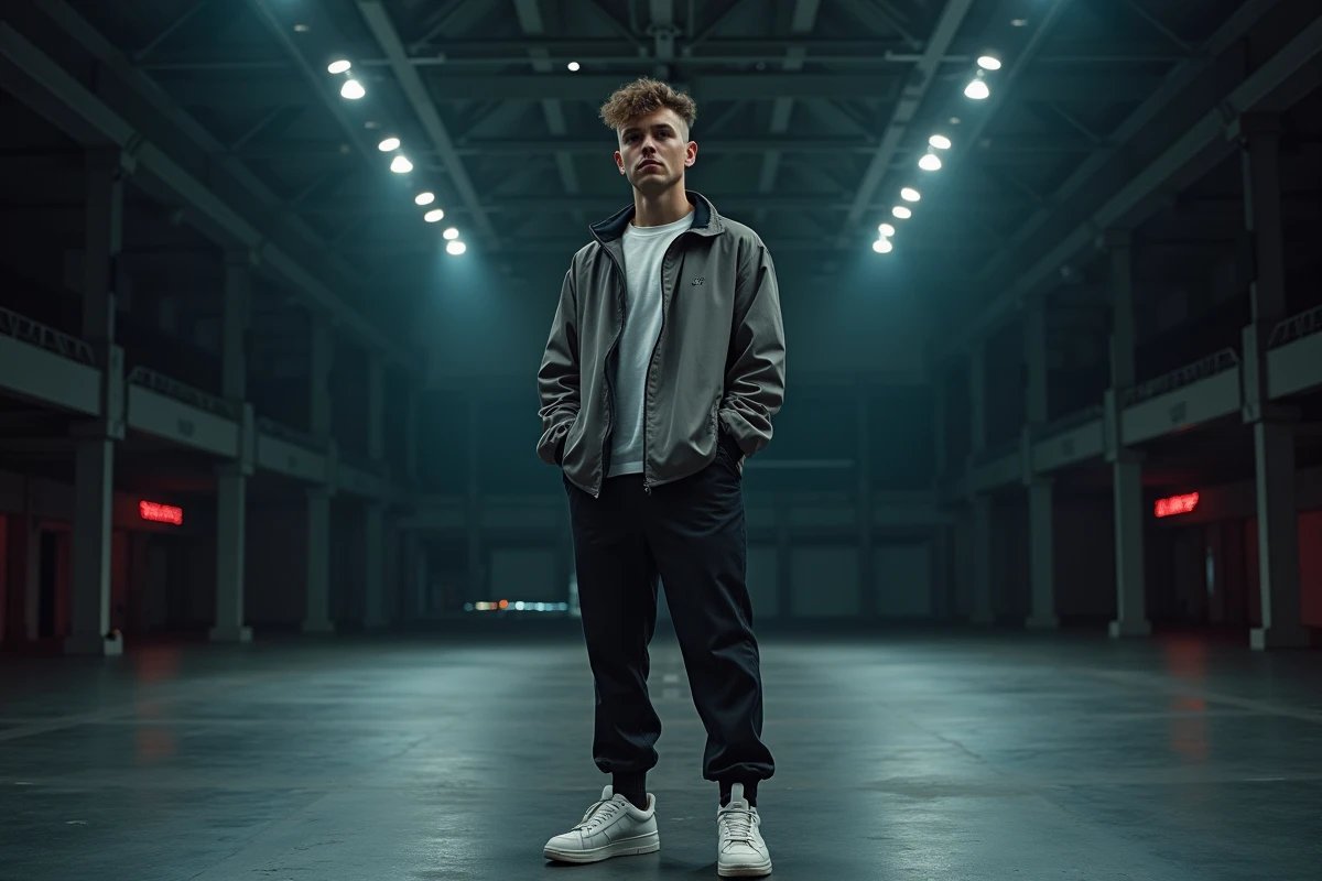 Jeune artiste urbain en tenue moderne sur scène concert