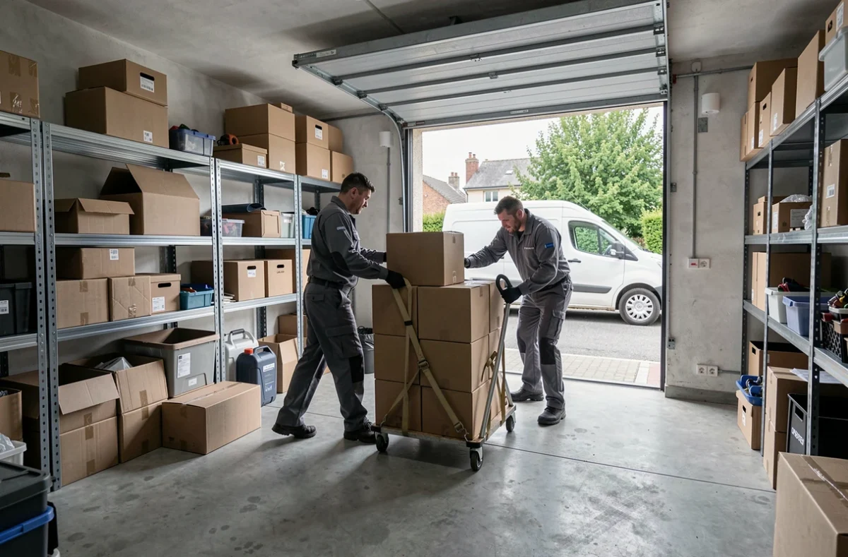Équipe AST débarrassant un garage encombré dans une maison de banlieue normande