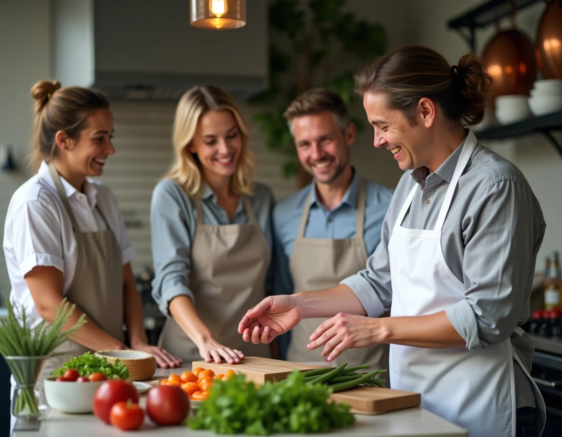 Groupe d'adultes participant à un atelier cuisine animé par un chef lors d'une activité réservée en équipe