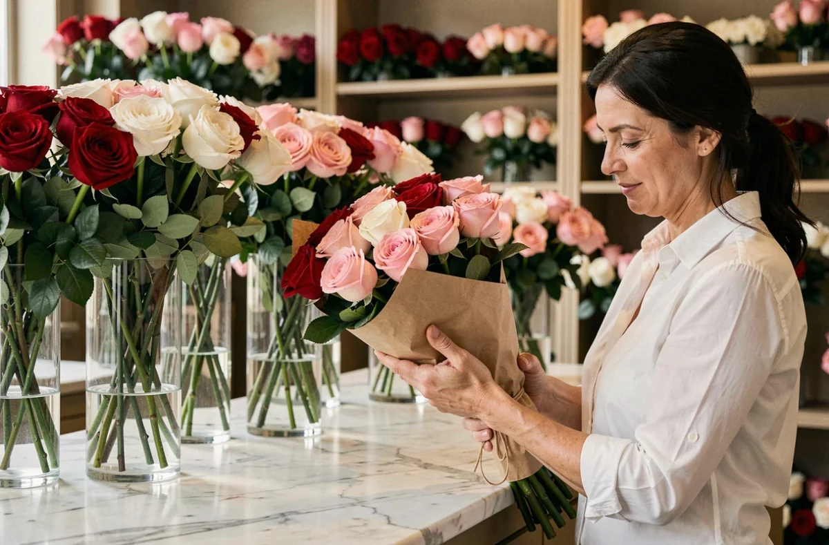 Fleuriste spécialiste de la rose à Rueil-Malmaison présentant un bouquet de roses dans sa boutique élégante