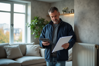 Auditeur énergie homme en veste bleue dans un salon moderne