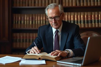 Avocat senior consultant un ancien traité juridique et des documents modernes dans une bibliothèque de droit traditionnelle