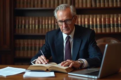 Avocat senior consultant un ancien traité juridique et des documents modernes dans une bibliothèque de droit traditionnelle