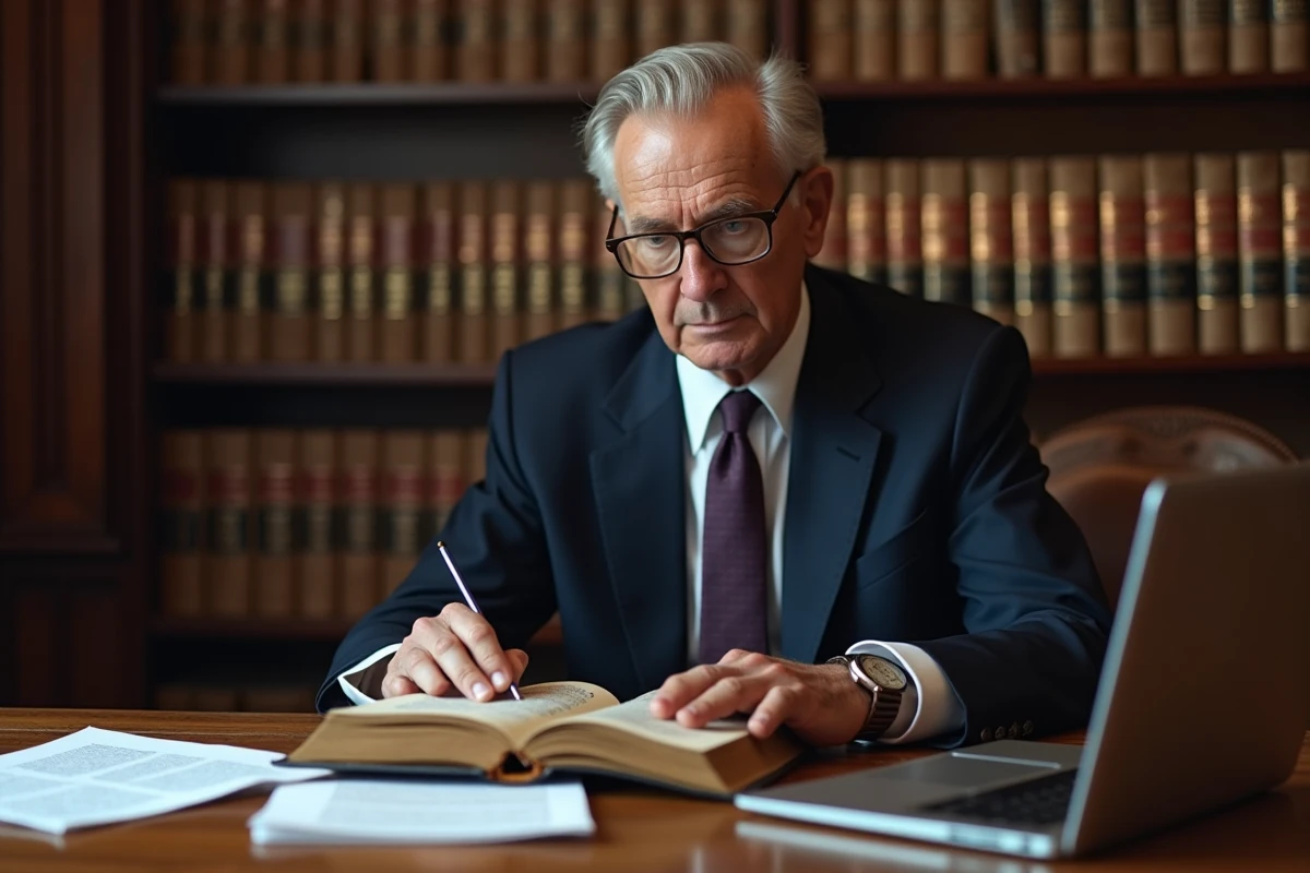 Avocat senior consultant un ancien traité juridique et des documents modernes dans une bibliothèque de droit traditionnelle