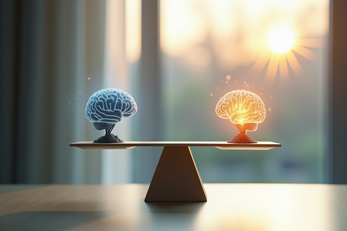 Balance avec cerveau IA et cerveau humain sous lumière naturelle