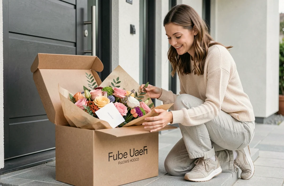 Livraison à domicile Bergamotte avec une boîte florale ouverte sur le pas d'une porte d'appartement moderne