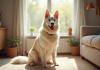Chien berger belge blanc assis attentivement dans un salon lumineux