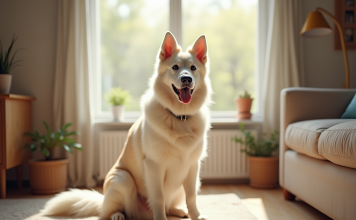 Chien berger belge blanc assis attentivement dans un salon lumineux
