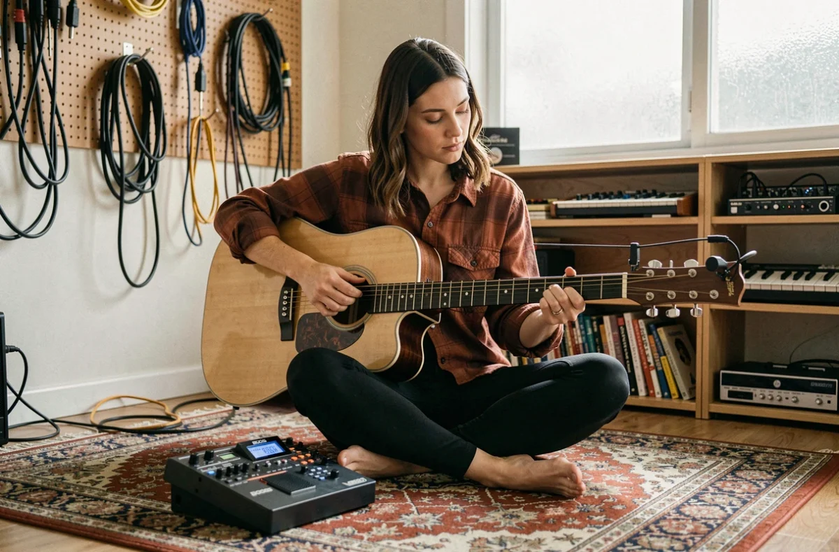 Guitariste enregistrant des boucles avec la BOSS RC-30 dans un home studio vintage