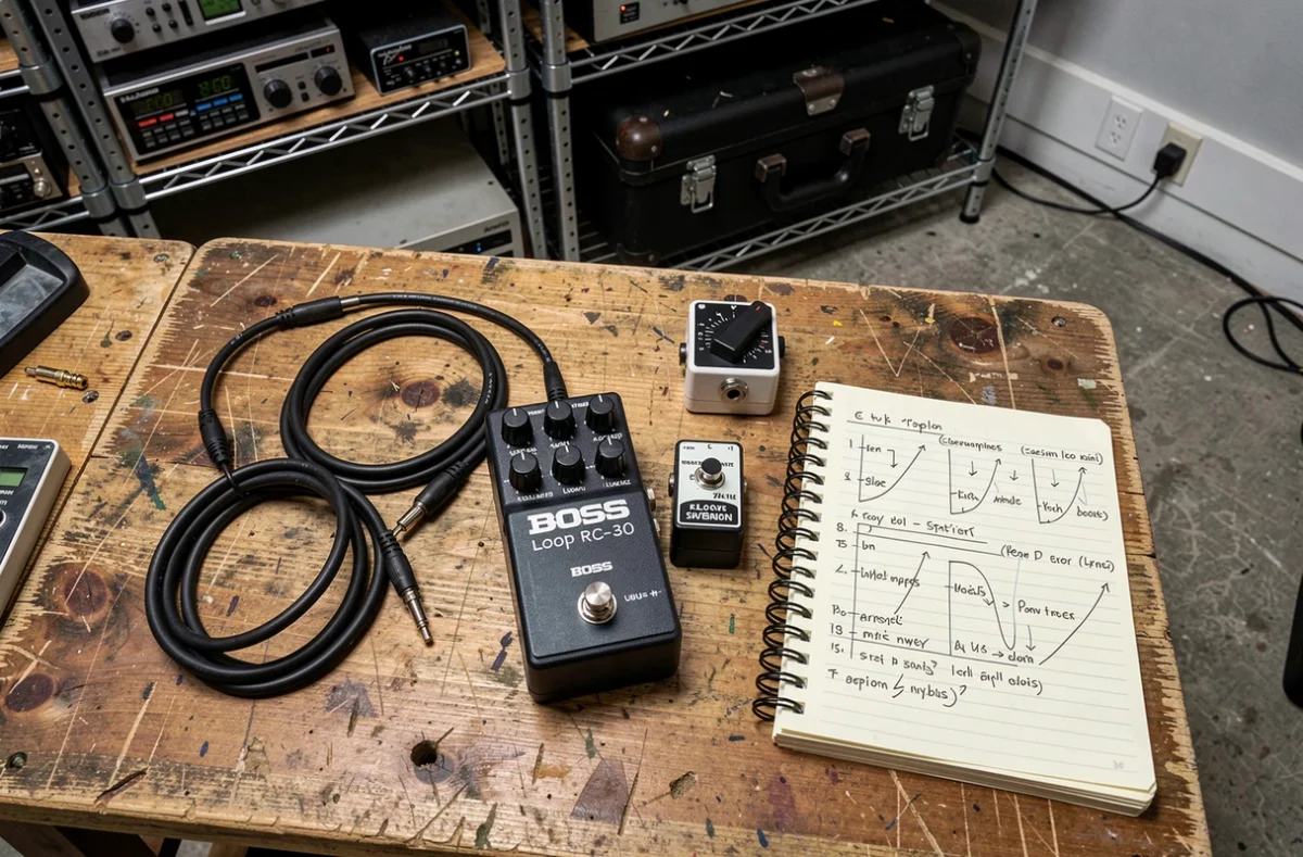 Gros plan sur une BOSS RC-30 Loop Station posée sur un établi de répétition avec accessoires