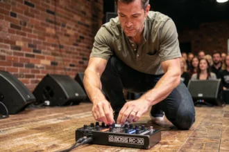 Musicien utilisant une BOSS RC-30 Loop Station sur scène dans une petite salle de concert