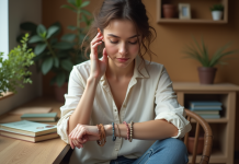 Jeune femme portant bracelets en pierres naturelles dans une cuisine chaleureuse