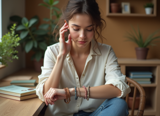 Jeune femme portant bracelets en pierres naturelles dans une cuisine chaleureuse