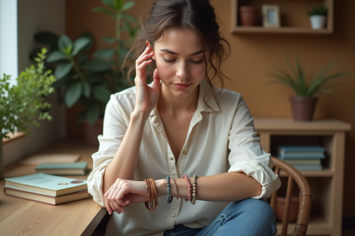 Jeune femme portant bracelets en pierres naturelles dans une cuisine chaleureuse