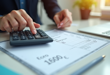 Main utilisant une calculatrice avec fiche de paie visible